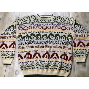 Tribal Mens Geometric Pattern Knit Sweater L Cream Multi Color Long Sleeve Coogi